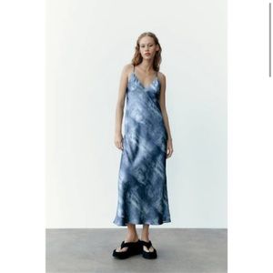 Zara Satin Midi Dress - Denim Print